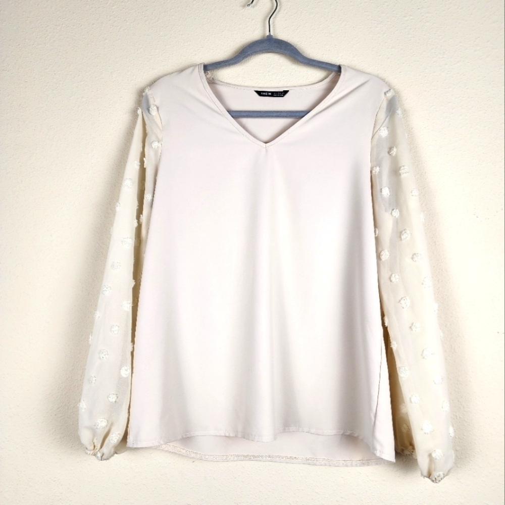 SHEIN cream blouse with sheer dotted sleeves, size small